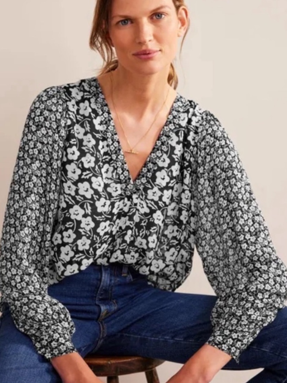 Boden petal blouse black and white floral viscose long sleeve